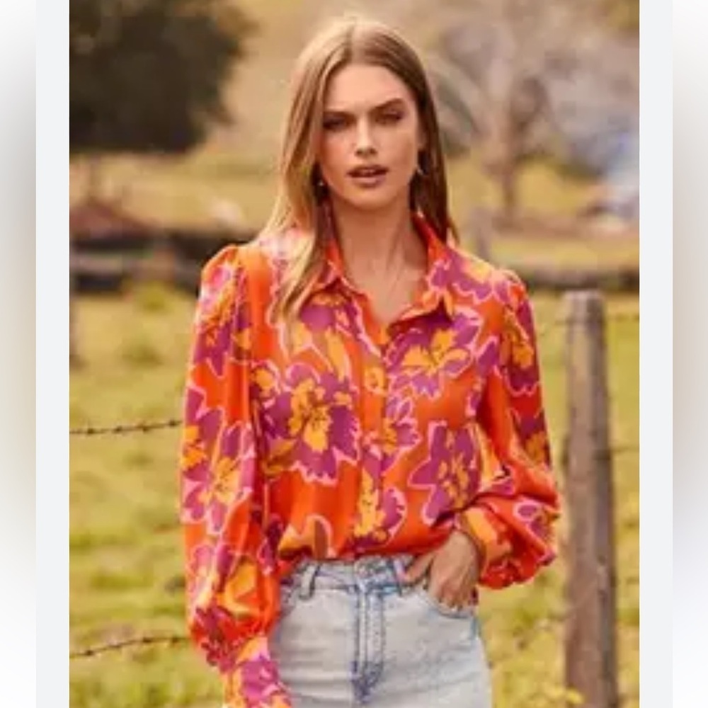 Rnwy orange pink floral blouse Sz 8 button front‎